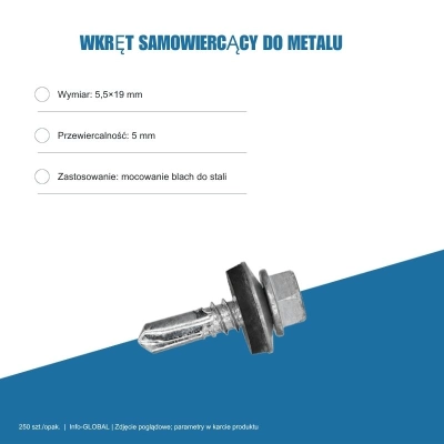 Wkręt samowiercący do metalu 5,5x19 mm, przewiercalność 5 mm, EPDM, 250 szt. – ocynk bez lakieru